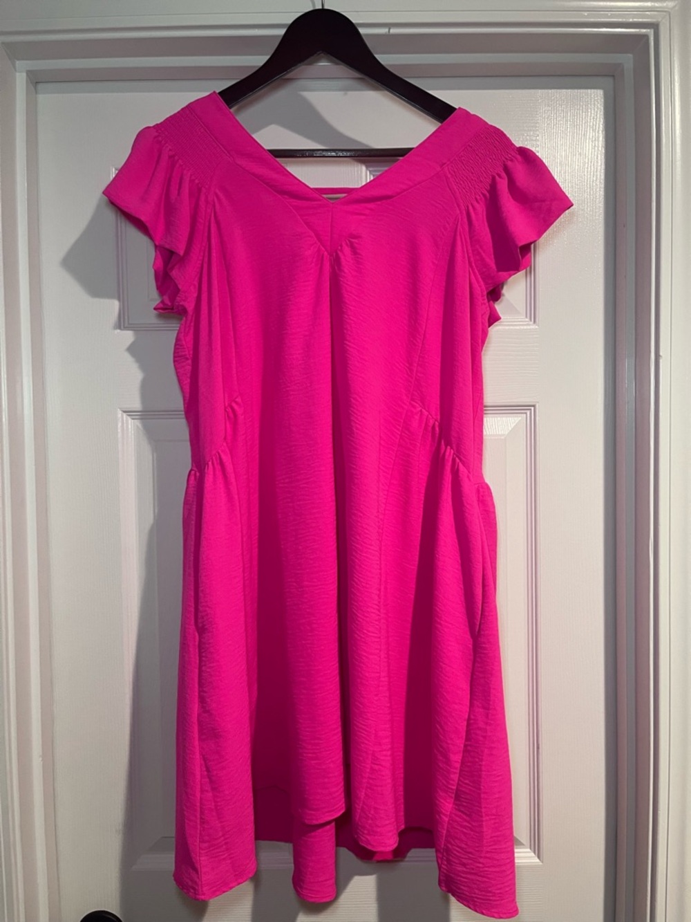 Bright Pink Flutter Sleeve V-Neck Dress